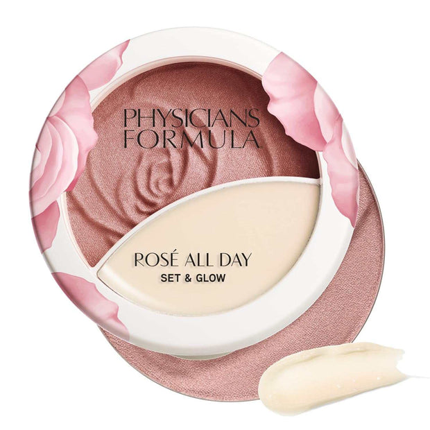 Physicians Formula Rosé All Day Set & Glow lip and cheek makeup with rose design packaging and creamy texture swirl