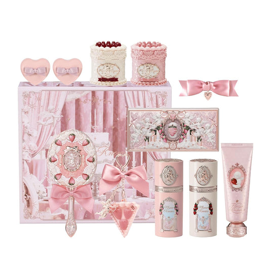 Cake Charm Set,Strawberry Cupid 12-Piece Makeup Gift Box Set,Lip Cream+Liquid Blush+Makeup Palette+Hand Mirror+Solid Perfume+Hair Clip+Cushion Powder Puff+Eyeshadow Brush+Gift Box
