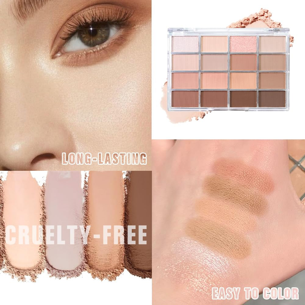 16 Colors Nude Brown Eyeshadow Palette – Matte & Shimmer Finishes – Warm Caramel, Mocha, Champagne & Taupe Tones Eye Shadow – Highly Pigmented Neutral Eye Makeup Palette for Woman