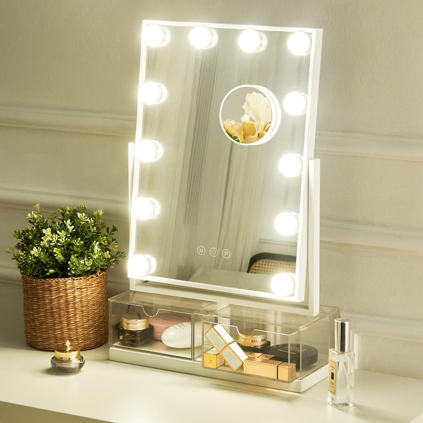 Makeup Vanity Mirror with Lights, Hollywood Makeup Mirror with Dimmable 12 LED Lights, Smart Touch with 3 Colors Adjustment and Rotation-Free