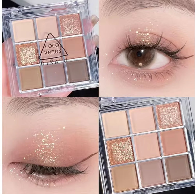 Paleta de Sombra de Ojos de 9 Colores – Maquillaje Brillante Desnudo, Acabado Nacarado, Lentejuelas, Cosméticos de Ojos Impermeables y Portátiles