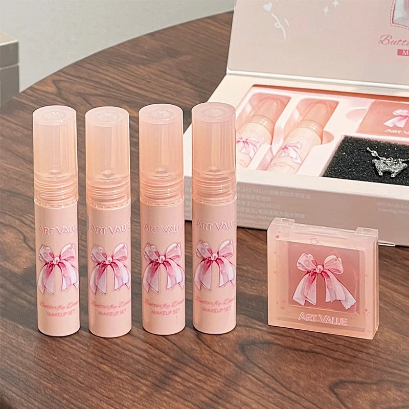 Butterfly Dance Color Box Four Lip Glaze Blush Set Necklace Lip Mud Blush Set