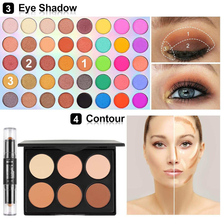 Makeup set for teens and adults with eyeshadow palette, contour kit, and application tutorial for travel and daily use