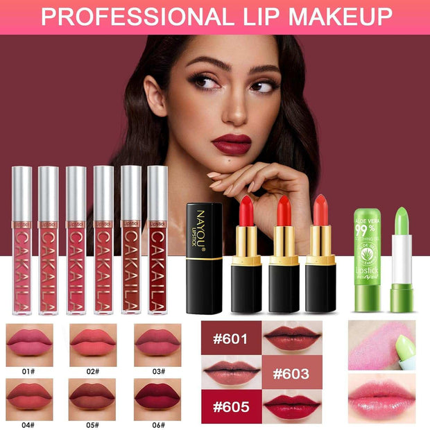 All-in-One Makeup Kit with lipsticks, lip glosses, aloe lipstick, and professional lip makeup shades for women and teens