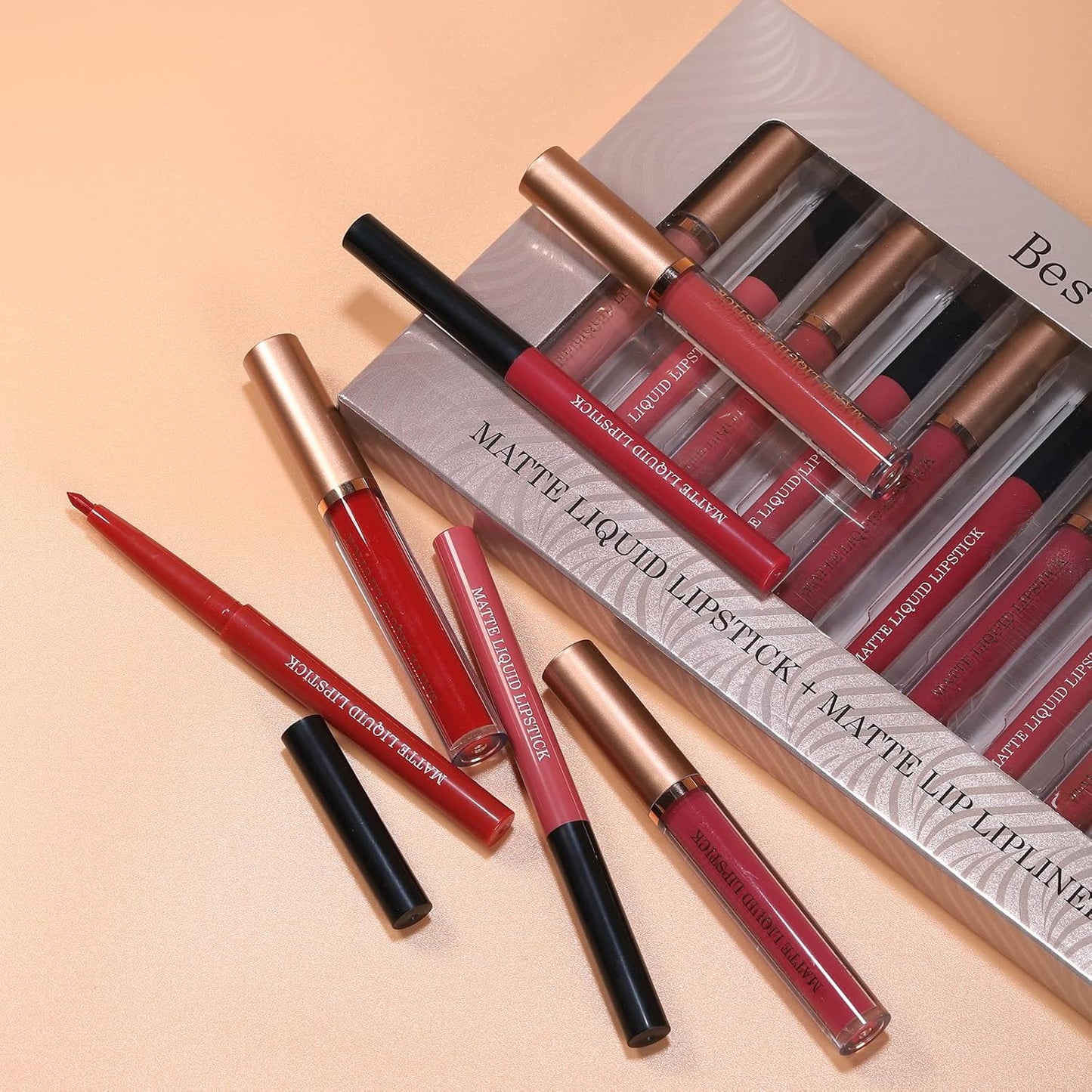 12Pcs Matte Liquid Lipstick + Lip Liner Pens Set, One Step Lips Makeup Sets Pigment Velvety Nude Lip Stain Waterproof Long Wear Lip Gloss Make up Gift Set (Set B)
