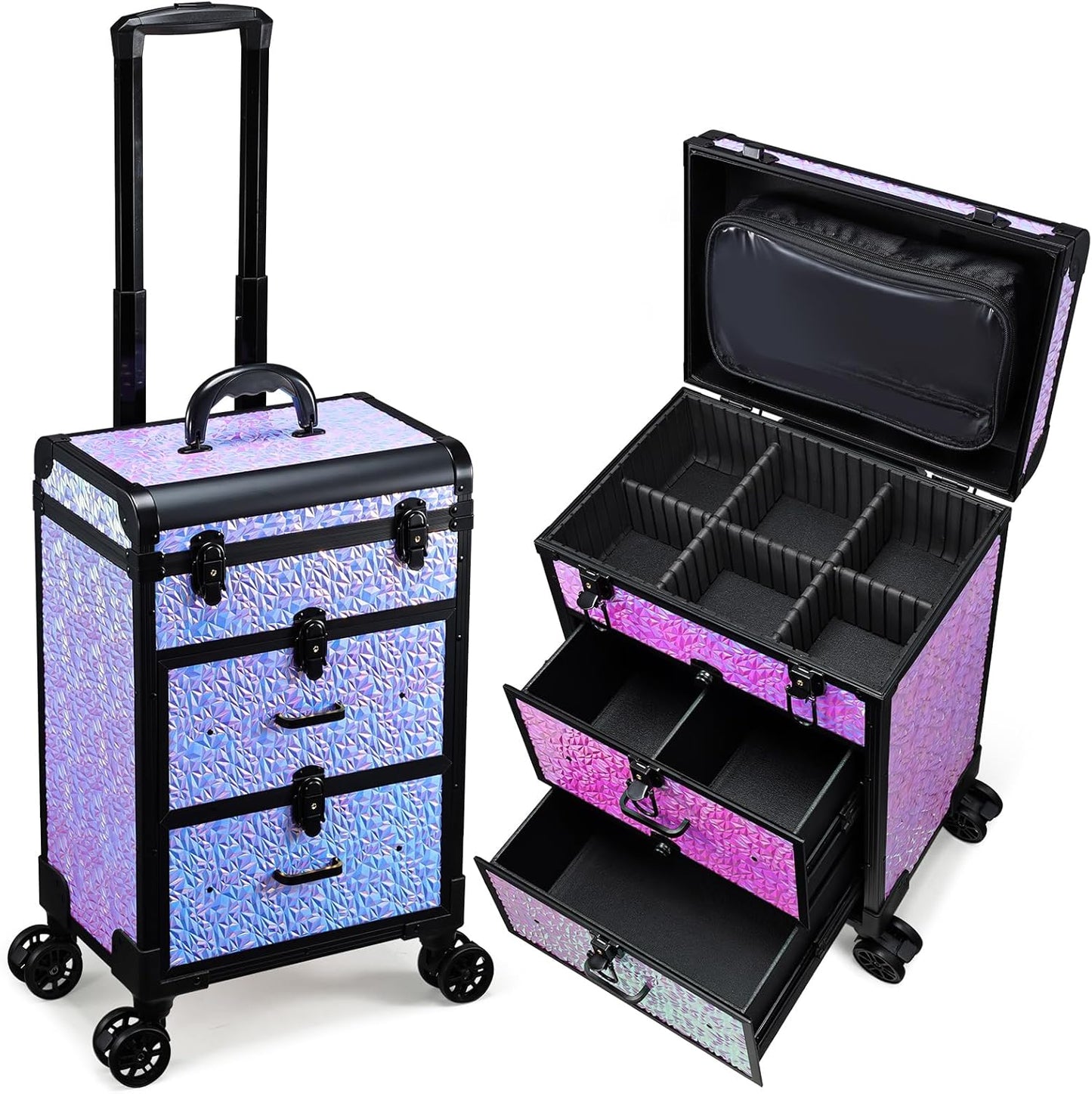 Professional Rolling Makeup Train Case with Drawers, Large Cosmetic Trolley with Locks, Cosmetics Storage Organizer Make up Case for Travel Makeup/Nail Art/Hair Styling, Matte Black