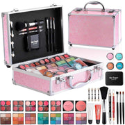 Makeup kit for teen girls with eyeshadow, lip balm, blush, brushes, pencils, and mirror in pink aluminum case