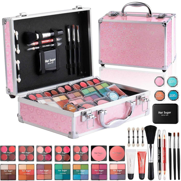 Makeup kit for teen girls with eyeshadow, lip balm, blush, brushes, pencils, and mirror in pink aluminum case