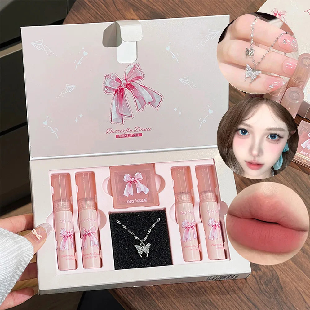 Butterfly Dance Color Box Four Lip Glaze Blush Set Necklace Lip Mud Blush Set