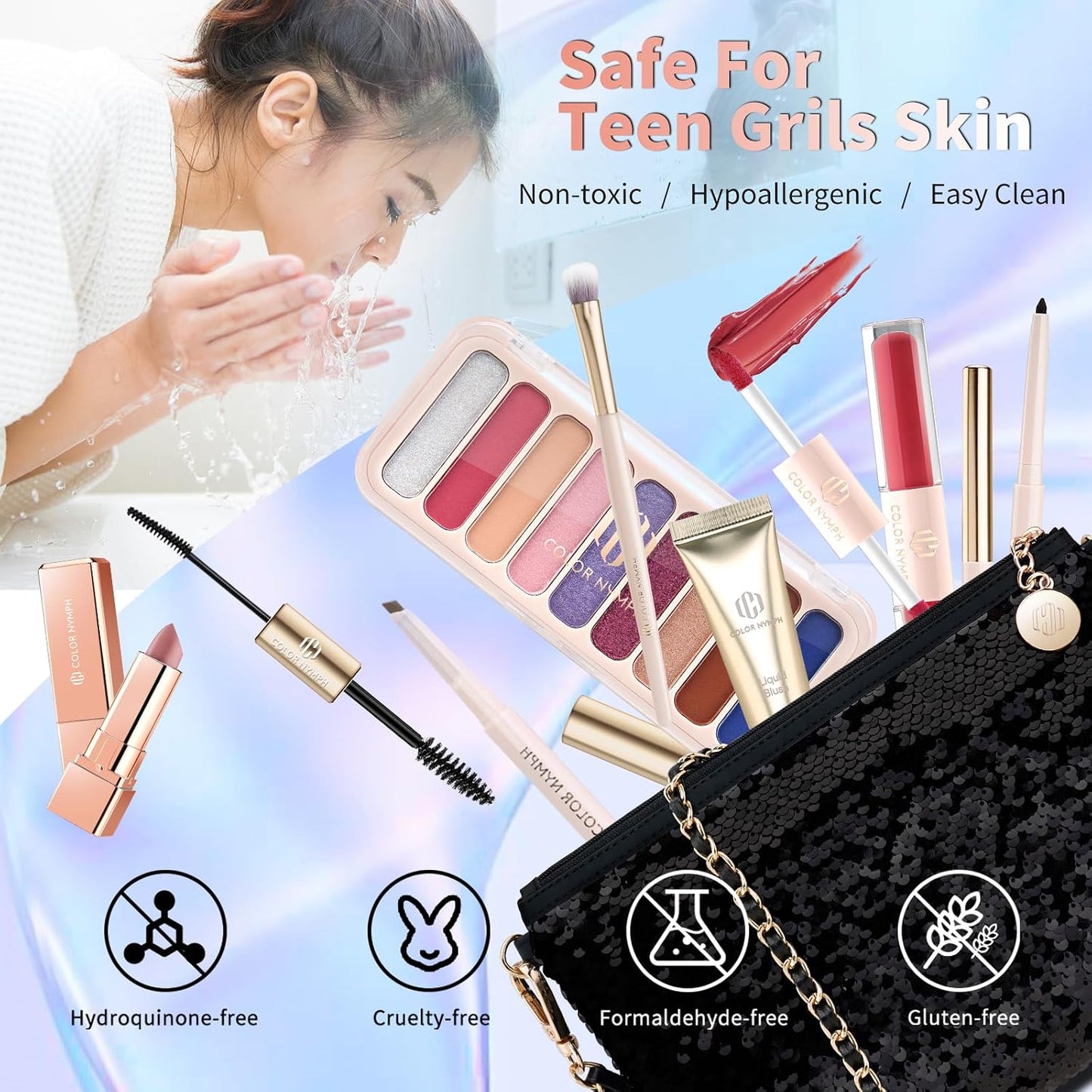 Makeup Kit for Women, Girls Beginner All in One Makeup Set with Sequin Bag, 9-Color Eyeshadow Palette, Lip Gloss, Eyeliner, Mascara - Orange Blue, Sparkling Party Wedding Evening Bag