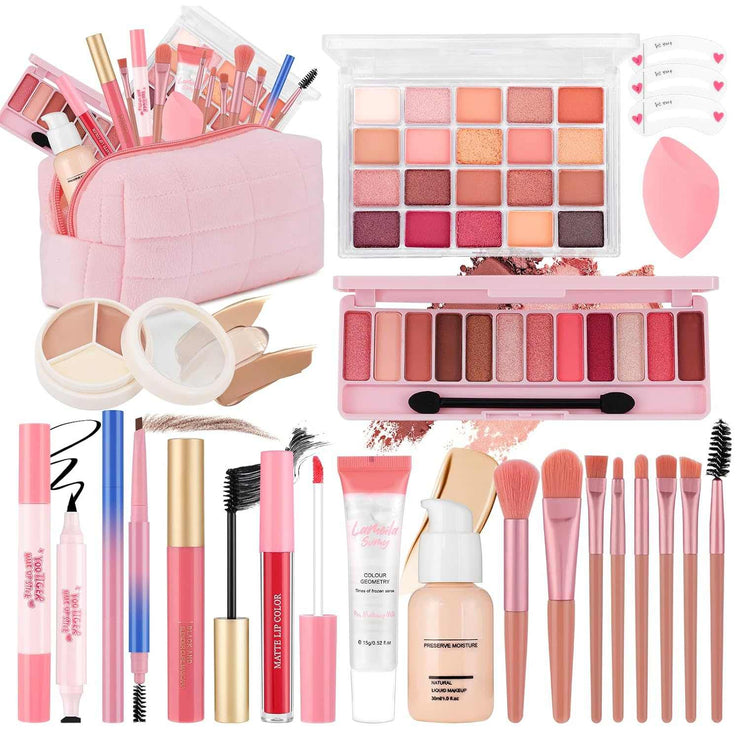 all-in-one makeup kit with brushes, eyeshadows, lipsticks, foundation, and pink cosmetic bag for teen girls