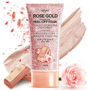 Rose Gold Peel-Off Mask tube with 24K gold, rose hip oil, pink roses, and creamy mask texture background