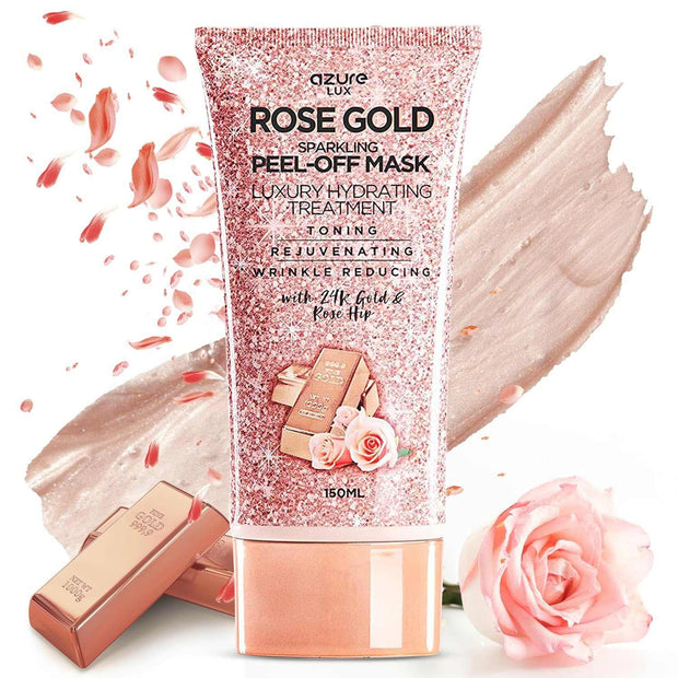 Rose Gold Peel-Off Mask tube with 24K gold, rose hip oil, pink roses, and creamy mask texture background