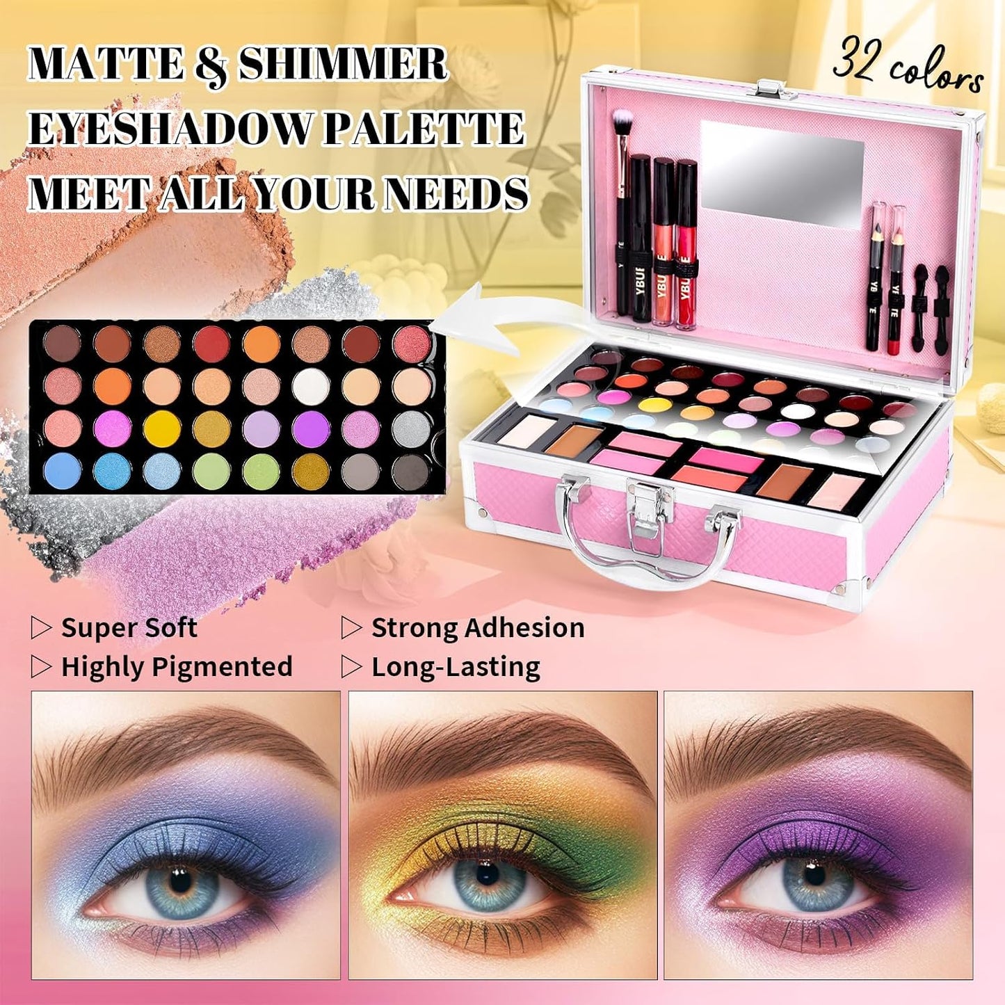 Beginner Makeup Kit for Teen,Makeup Set for Girl Women,Beginner Makeup Kit with Cosmetic Train Case Included 32 Colors Eyeshadow Blush Contour Lip Gloss Lip Liner Mascara Eyeliner Mirror