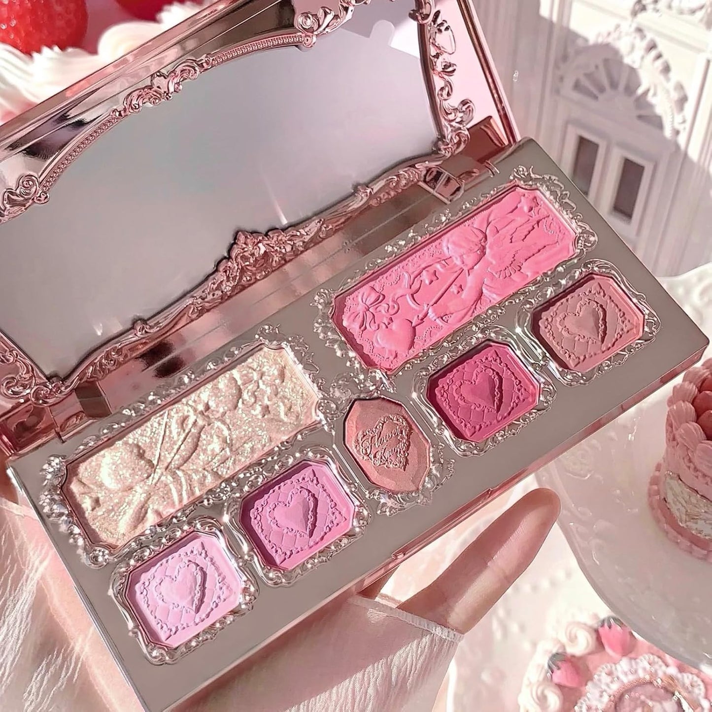 Strawberry Cupid Makeup Palette,Pink Face Makeup with 5 Matte + 2 Shimmer Shades,Blendable Smooth Cute All- In-One Make up Palette,0.49 Oz(02 Cupid'S Mischief)