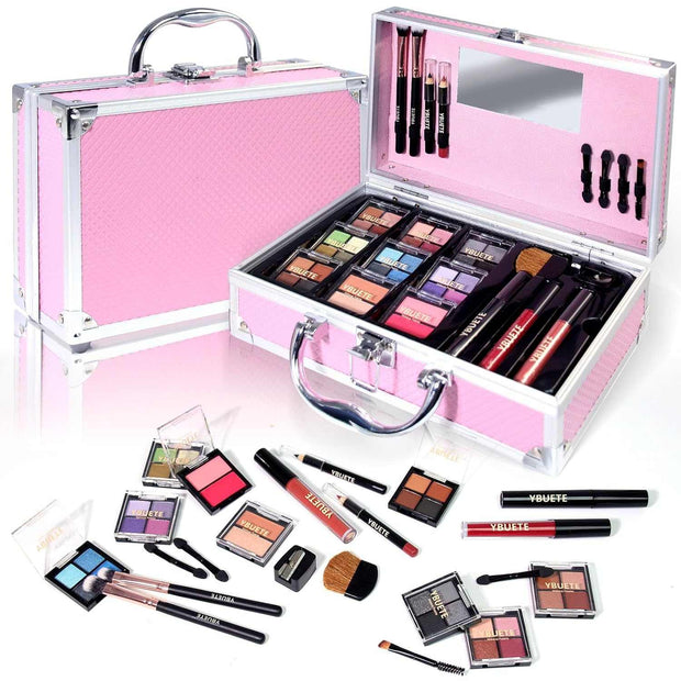 Beginner Makeup Kit for Teen,Makeup Set for Girl Women,Beginner Makeup Kit with Cosmetic Train Case Included 32 Colors Eyeshadow Blush Contour Lip Gloss Lip Liner Mascara Eyeliner Mirror