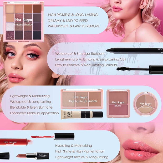 Travel makeup kit all-in-one with eyeshadows, mascara, highlighter, bronzer, blush, lipsticks, and BB cream in a pink bag.