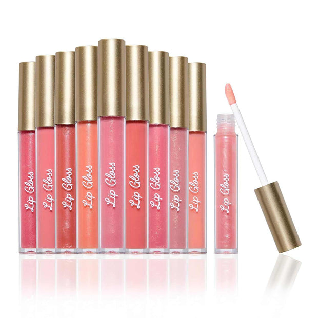 Lip Gloss Collection with shiny, hydrating, long-lasting rosy and nude shades in sleek gold-capped tubes