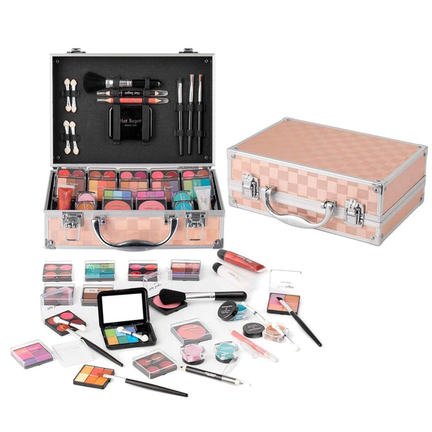 Makeup Kit for Teen Girls with eyeshadow, lip balm, blush, lip gloss, brushes, pencils, and mirror in a sturdy aluminum case