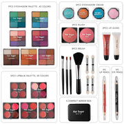 Makeup kit for teen girls with eyeshadow palettes, lip balms, blush, lip gloss, brushes, lip and eye pencils, and compact mirror in rainbow aluminum case