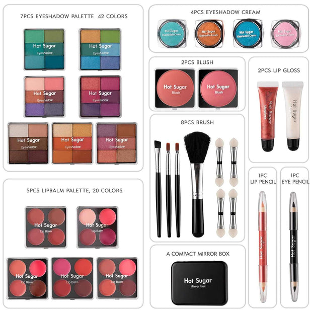 Makeup kit for teen girls with eyeshadow palettes, lip balms, blush, lip gloss, brushes, lip and eye pencils, and compact mirror in rainbow aluminum case