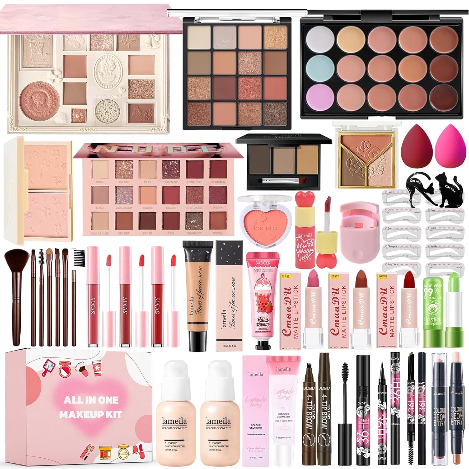 All-in-One Makeup Kit with eyeshadow palettes, lipsticks, foundation, brushes, and accessories for women, teens, and girls.