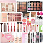 All-in-One Makeup Kit with eyeshadow palettes, lipsticks, foundation, brushes, and accessories for women, teens, and girls.