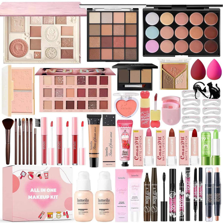 All-in-One Makeup Kit with eyeshadow palettes, lipsticks, foundation, brushes, and accessories for women, teens, and girls.