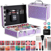 Makeup kit for teen girls with eyeshadow, lip balm, blush, lip gloss, brushes, pencils, and mirror in purple aluminum case