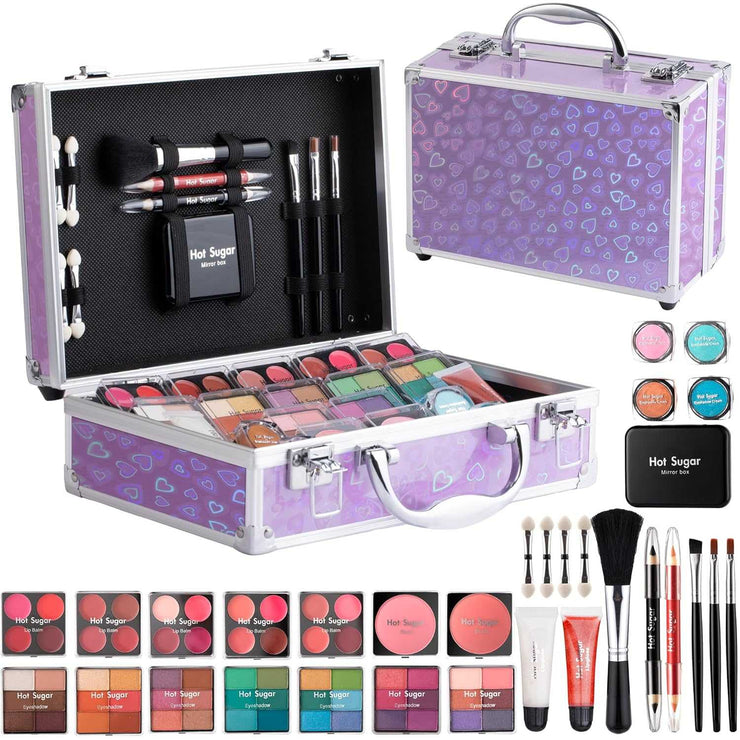 Makeup kit for teen girls with eyeshadow, lip balm, blush, lip gloss, brushes, pencils, and mirror in purple aluminum case