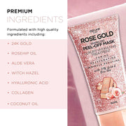 Rose Gold Peel-Off Mask tube with premium skincare ingredients list including 24K gold, rosehip oil, and collagen on pink background