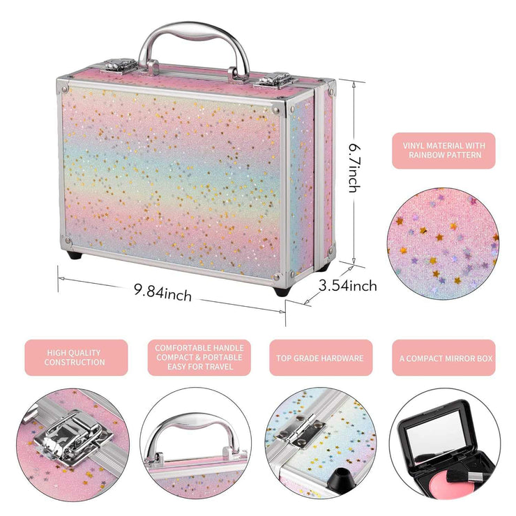 Rainbow pattern makeup kit for teen girls with compact mirror and sturdy aluminum case