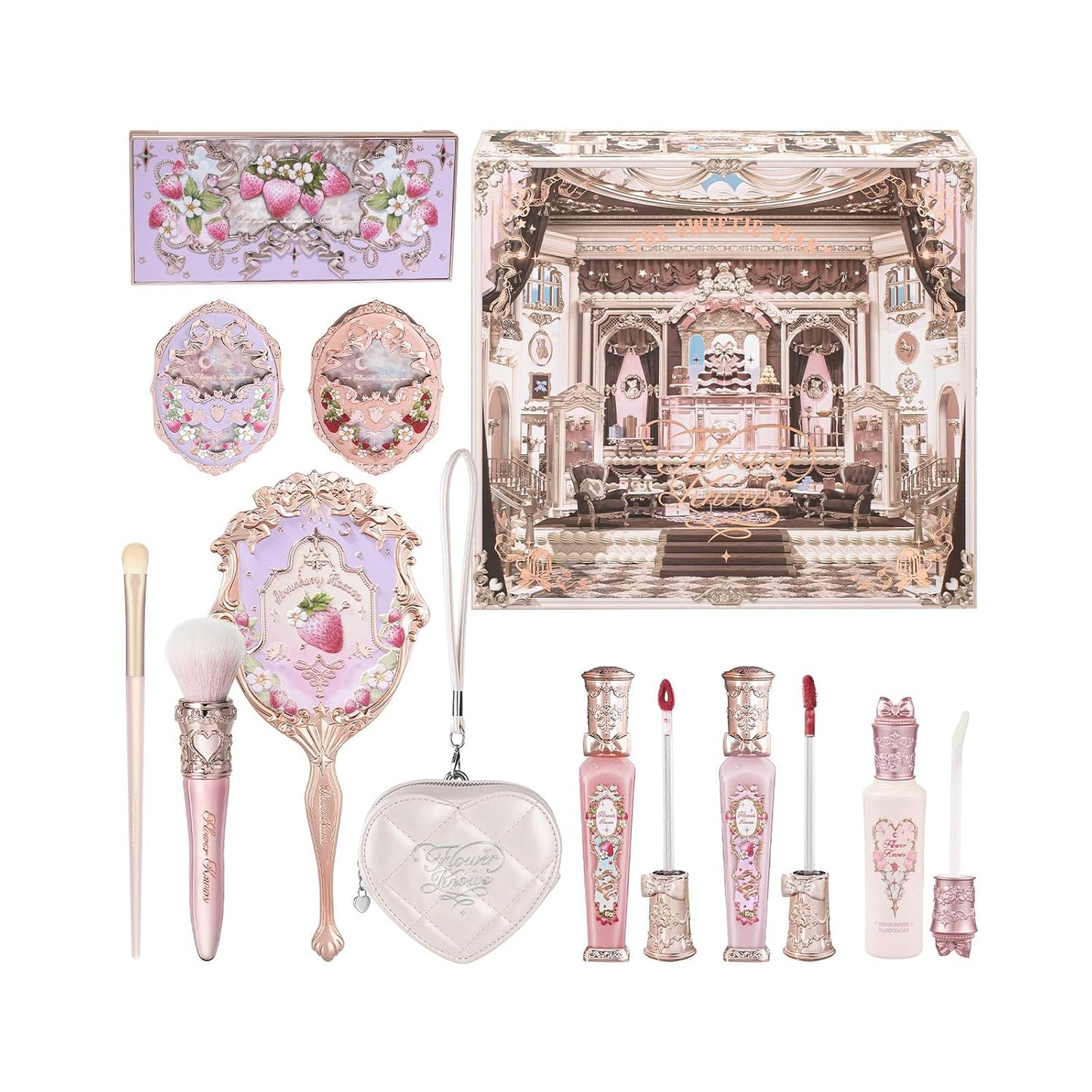 Cake Charm Set,Strawberry Cupid 12-Piece Makeup Gift Box Set,Lip Cream+Liquid Blush+Makeup Palette+Hand Mirror+Solid Perfume+Hair Clip+Cushion Powder Puff+Eyeshadow Brush+Gift Box