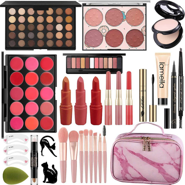 All In One Makeup Set with eyeshadows, lipsticks, brushes, blush, highlighter, and pink marble travel case for complete face makeup.