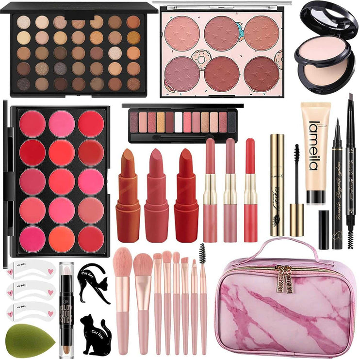 All In One Makeup Set with eyeshadows, lipsticks, brushes, blush, highlighter, and pink marble travel case for complete face makeup.