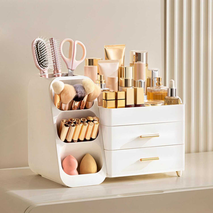 Makeup Organizer with Brush Holder for Vanity, Large Plastic Bathroom Countertop Organizer Skin Care Storage, Easy to Store Lipsticks, Nail Polishes, Perfumes, Eyeshadow Palettes, All White