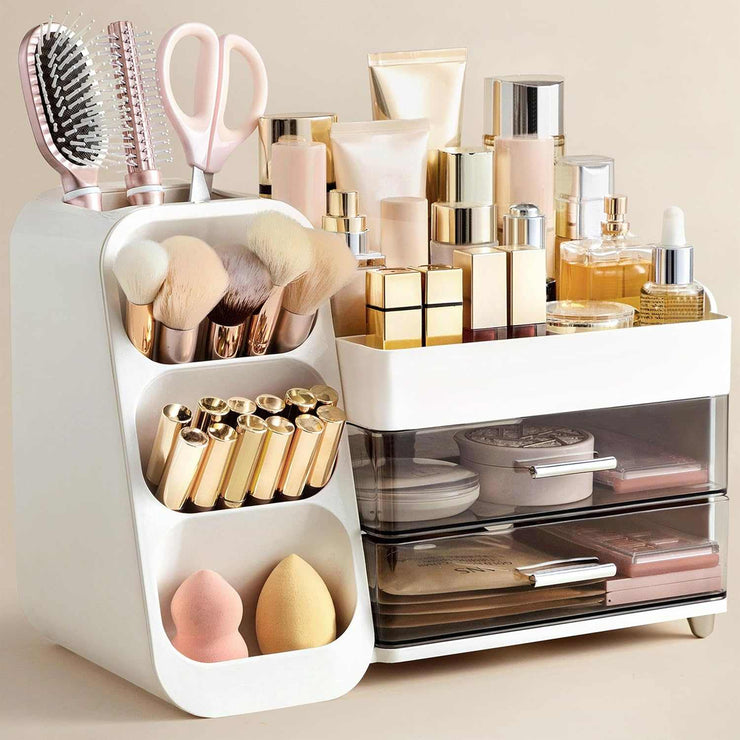 Makeup Organizer with Brush Holder for Vanity, Large Plastic Bathroom Countertop Organizer Skin Care Storage, Easy to Store Lipsticks, Nail Polishes, Perfumes, Eyeshadow Palettes, All White