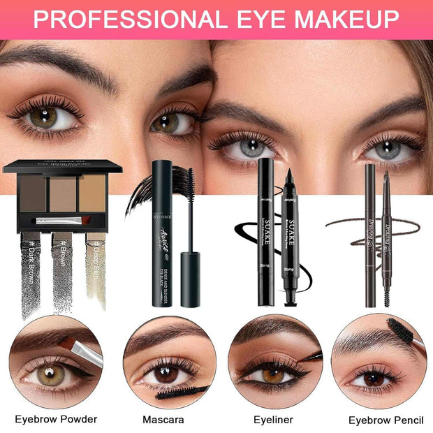 All-in-One Makeup Kit with eyeshadow, mascara, eyeliner, eyebrow pencil, and powder for professional eye makeup and travel use.