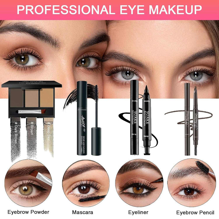 All-in-One Makeup Kit with eyeshadow, mascara, eyeliner, eyebrow pencil, and powder for professional eye makeup and travel use.