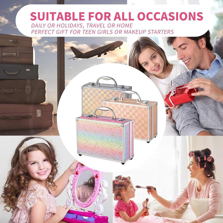 Makeup kit for teen girls with eyeshadow lip balm blush lip gloss brushes and mirror in rainbow aluminum case