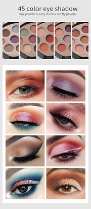 Cosmetic pack of 56 colors including 45 eyeshadows showcased with various vibrant eye makeup looks