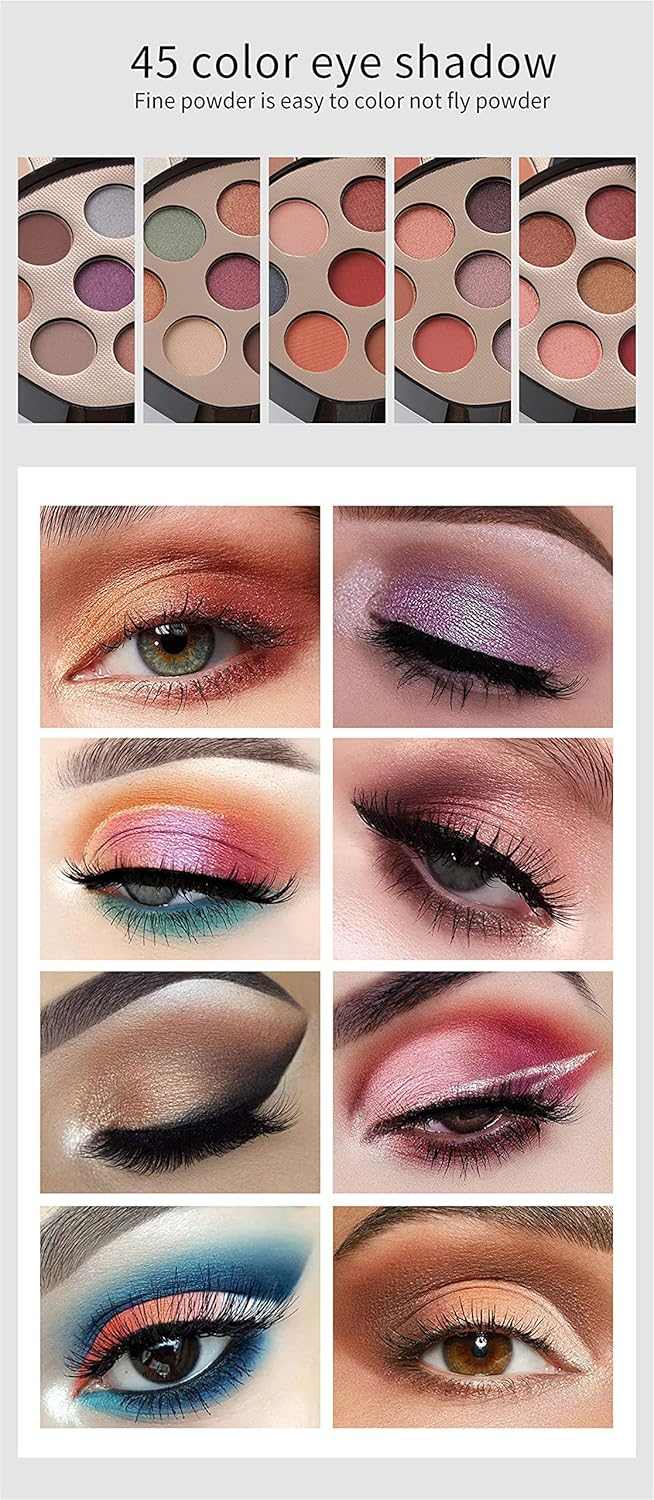 Cosmetic pack of 56 colors including 45 eyeshadows showcased with various vibrant eye makeup looks