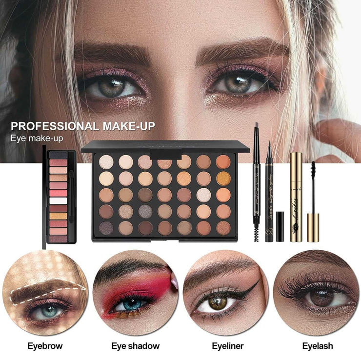 All In One Makeup Set with eyeshadow palette, eyeliner, eyebrow kit, mascara, and lip colors for complete professional face makeup.