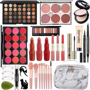 All In One Makeup Set with eyeshadows, lipsticks, brushes, and portable marble-patterned case
