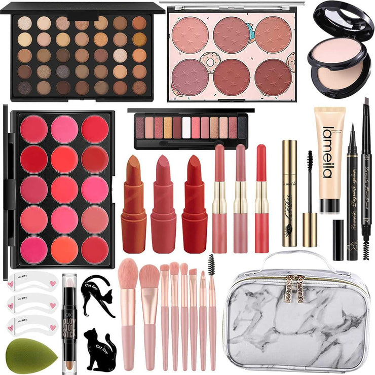 All In One Makeup Set with eyeshadows, lipsticks, brushes, and portable marble-patterned case