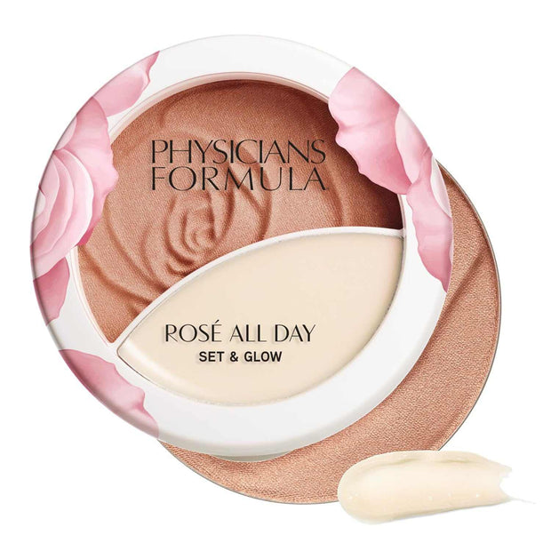 Physicians Formula Rosé All Day Set & Glow compact with rose design and creamy highlighter makeup product
