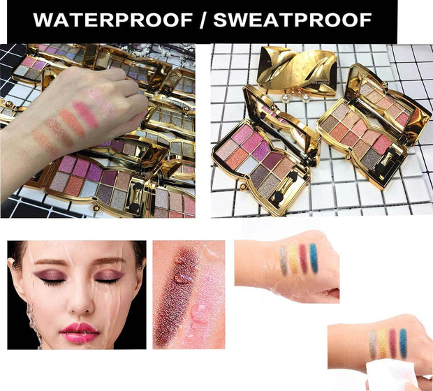 10-color eyeshadow palette with sparkly, glitter shades in gold tones, waterproof and sweatproof makeup set, highly pigmented and long-lasting colors
