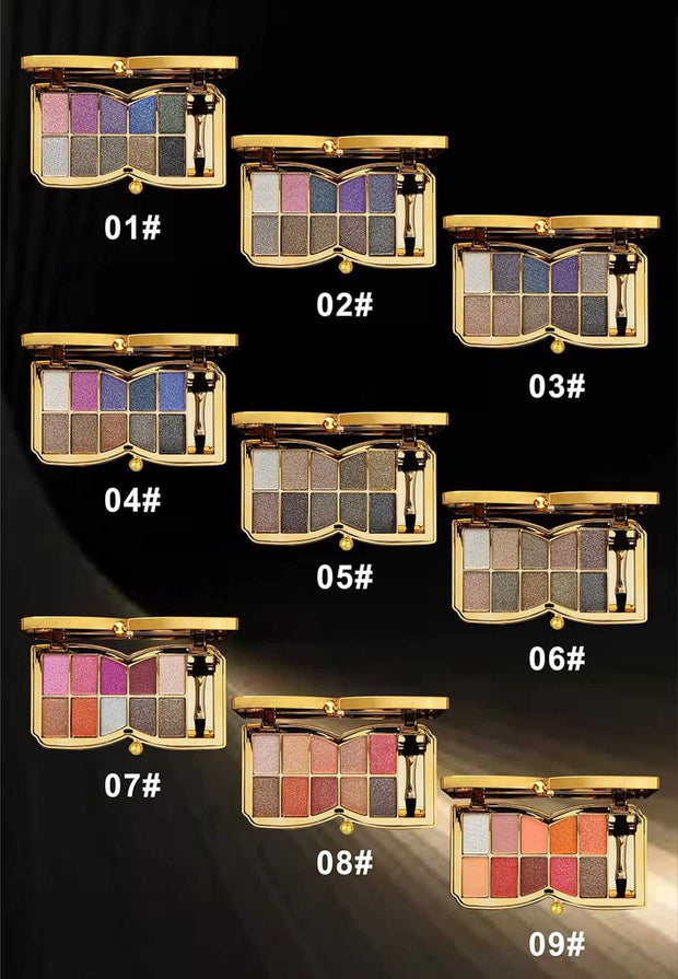 10-Color Eyeshadow Palette with highly pigmented sparkle and shimmer shades in gold tones, long-lasting waterproof makeup set with brush and mirror.