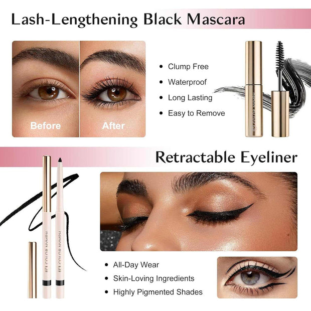 Girls makeup kit with lash-lengthening mascara and retractable eyeliner, perfect for teens and beginners in a pink train case