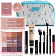 Travel makeup kit all-in-one with blush, highlighter, pressed shadows, BB cream, brushes, and pink cosmetic bag
